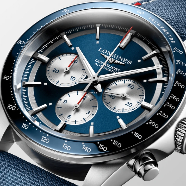 Longines,Conquest 42mm,42mm,Stainless Steel,Ceramic,Blue,Automatic,Chronograph,59hours,L3,L3.835.4.91.2