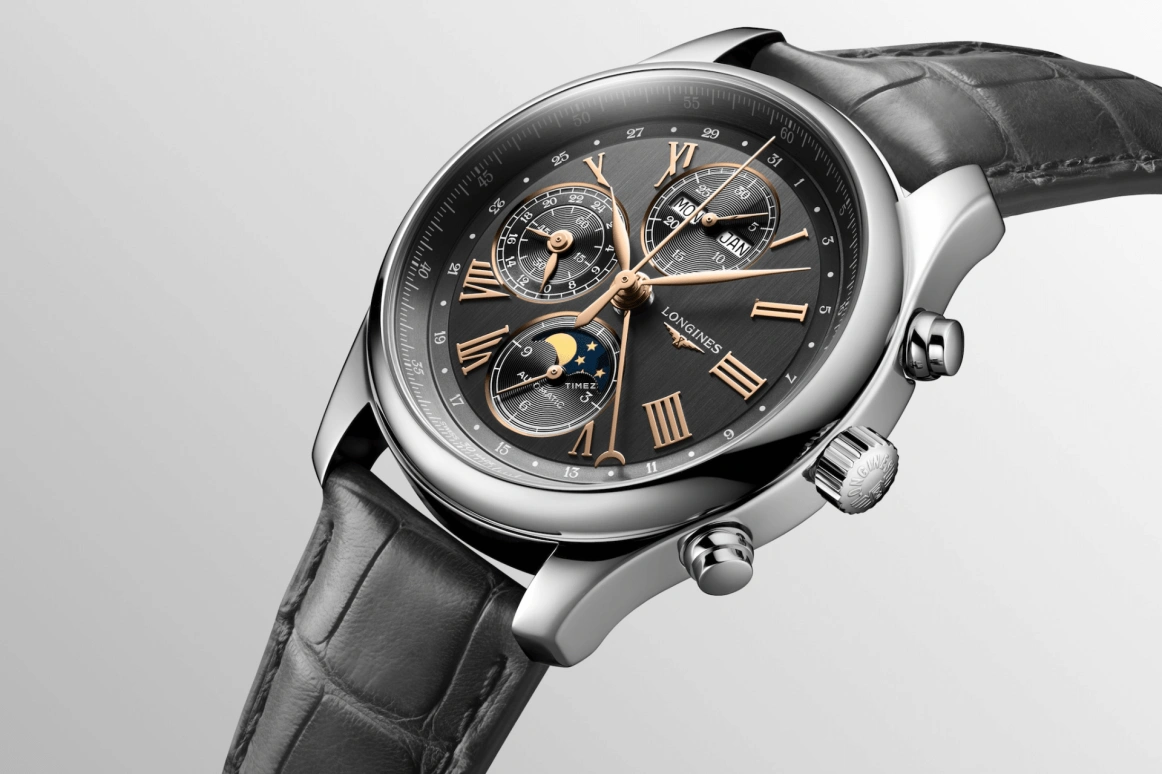 Longines,Master 42mm,42mm,Stainless Steel,Black,Automatic,Chronograph,Moonphase,Month,Date,54hours,In-house Caliber,L2,L2.773.4.61.2