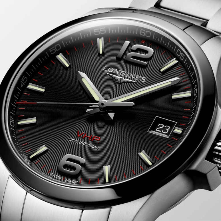 Longines,Conquest V.H.P. 41mm,41mm,Ceramic,Stainless Steel,Black,Quartz,Date,In-house Caliber,L3,L3.719.4.56.6
