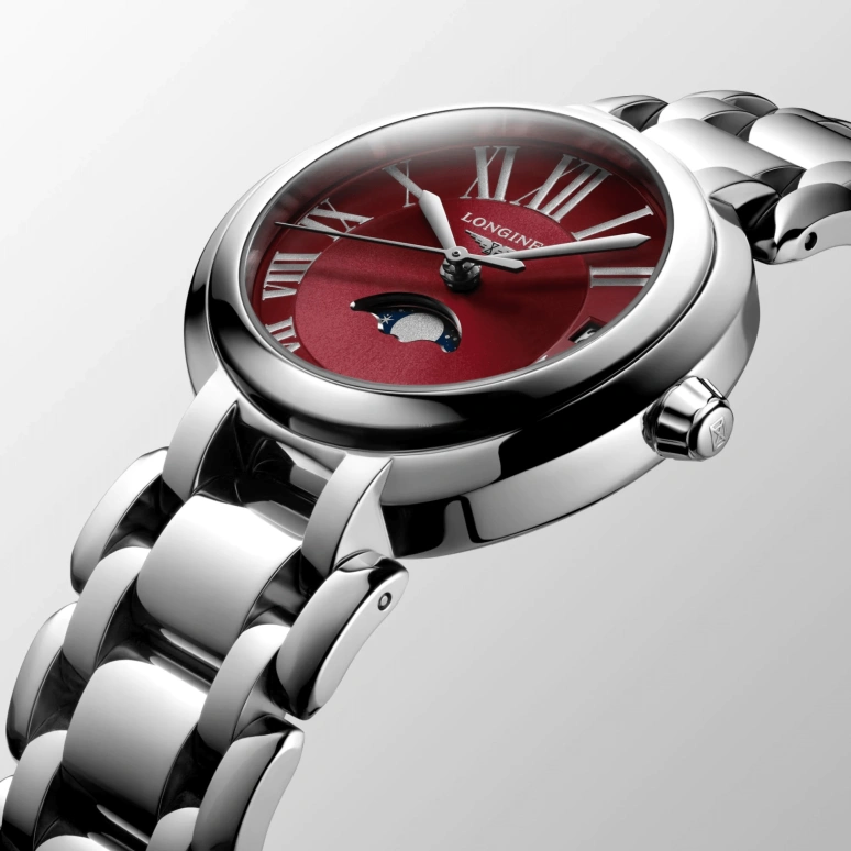 Longines,Elegant 30.50mm,30.50mm,Stainless Steel,Wine Red,Silver,Red,Quartz,In-house Caliber,Sapphire,L8,L8.115.4.92.6