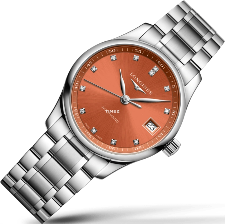 Longines,Master 34mm,34mm,Stainless Steel,Orange,Automatic,Day,72hours,L2,L2.357.4.08.6