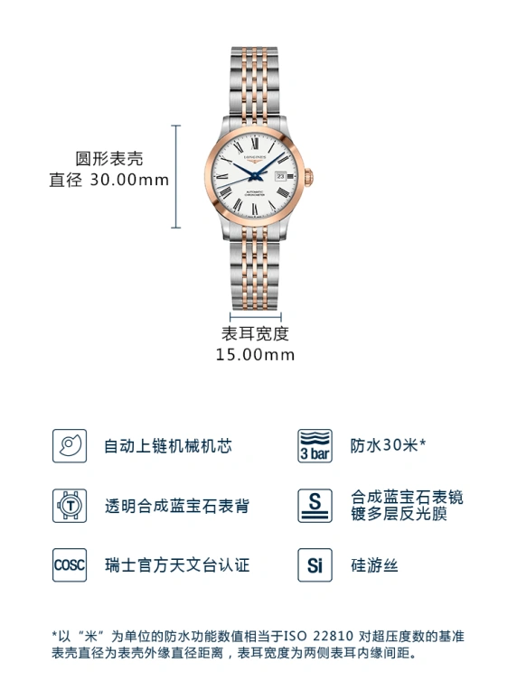 Longines,Record 30mm,30mm,Pink Gold,Stainless Steel,White,Automatic,Date,40hours,L2,L2.321.5.11.7