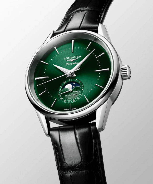 Longines,Flagship 38.50mm,38.50mm,Stainless Steel,Green,Automatic,Moonphase,Day,L4,L4.815.4.02.2