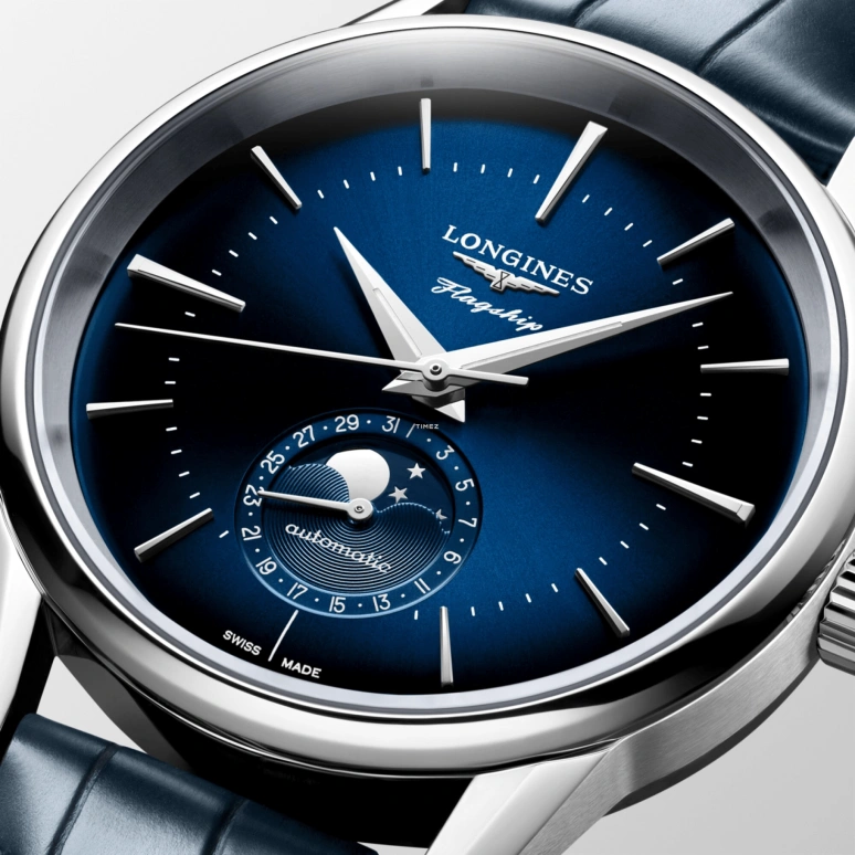 Longines,Flagship 38.50mm,38.50mm,Stainless Steel,Blue,Automatic,Moonphase,Day,L4,L4.815.4.92.2