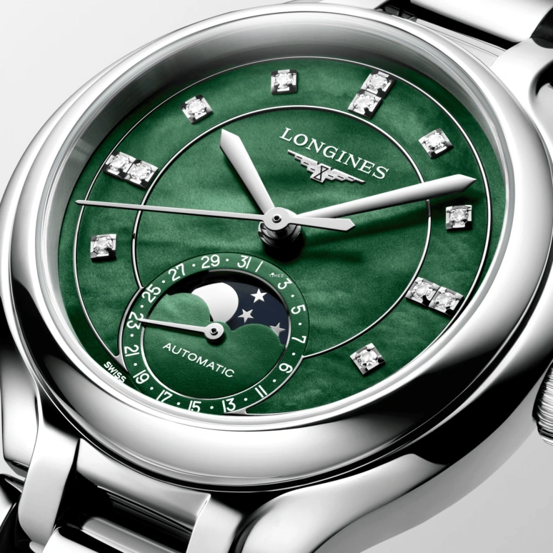 Longines,PrimaLuna 34mm,34mm,Stainless Steel,Green,Automatic,Moonphase,Day,L8,L8.126.4.07.6