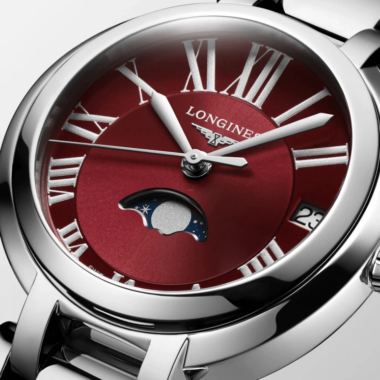 Longines,Elegant 30.50mm,30.50mm,Stainless Steel,Wine Red,Silver,Red,Quartz,In-house Caliber,Sapphire,L8,L8.115.4.92.6