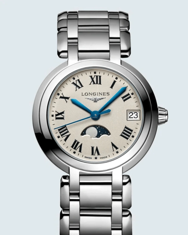 Longines,PrimaLuna 34mm,34mm,Stainless Steel,Silver,Quartz,Moonphase,Date,L8,L8.116.4.71.6