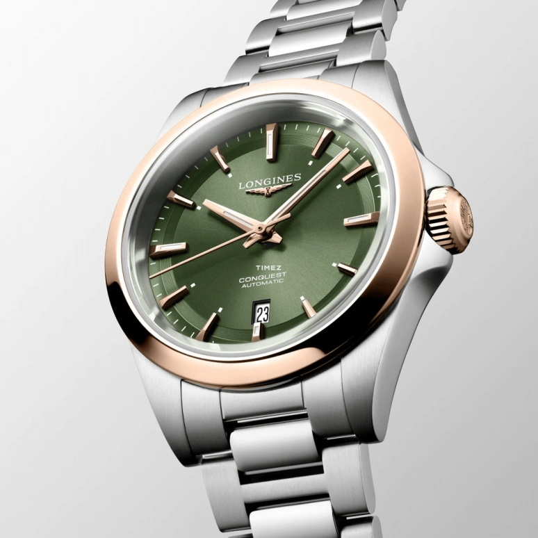 Longines,Conquest 30mm,30mm,Stainless Steel,Rose Gold,Green,Automatic,Day,40hours,L3,L3.320.5.02.6