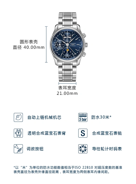 Longines,Master 40mm,40mm,Stainless Steel,Blue,Automatic,Chronograph,Moonphase,Month,Date,66hours,In-house Caliber,L2,L2.673.4.92.6
