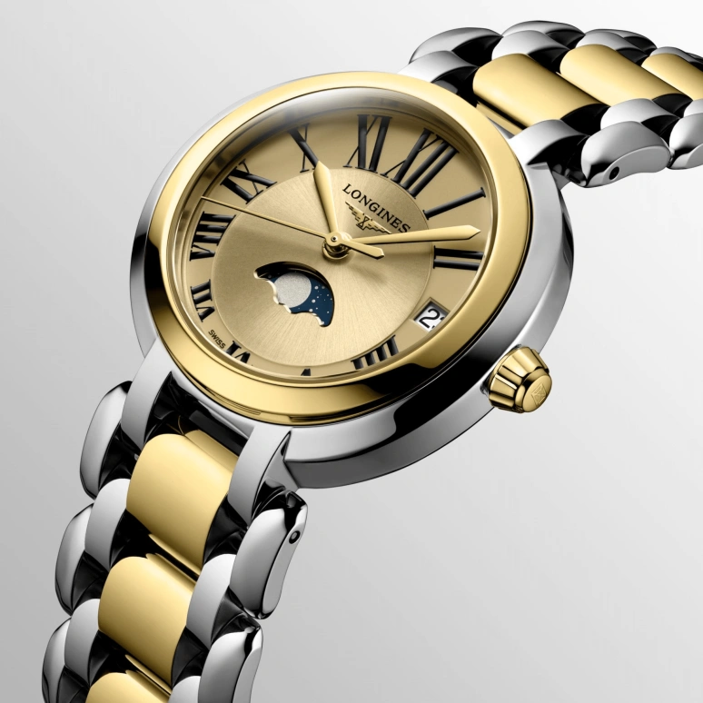 Longines,PrimaLuna 30.50mm,30.50mm,Stainless Steel,Gold,Quartz,Moonphase,Day,L8,L8.115.5.31.7