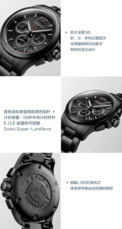 Longines,Conquest V.H.P. 42mm,42mm,Stainless Steel,Black,Quartz,Chronograph,Date,L3,L3.717.2.56.6