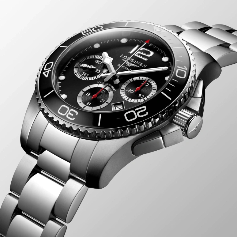 Longines,HydroConquest 43mm,43mm,Stainless Steel,Black,Automatic,Chronograph,Day,L3,L3.883.4.56.6