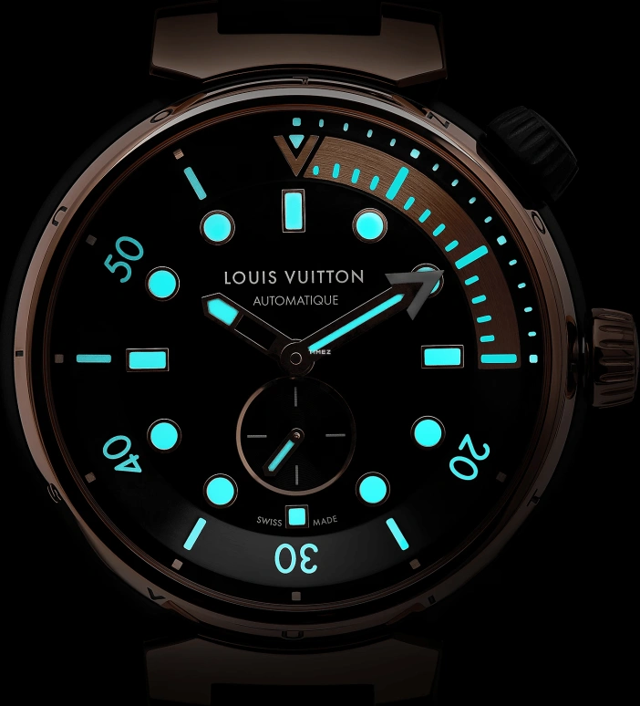 LOUIS VUITTON,Tambour Street Diver 44mm,44mm,Stainless Steel,Rose Gold,Black,Automatic,Sapphire,Crystal Glass,Round,QA123A