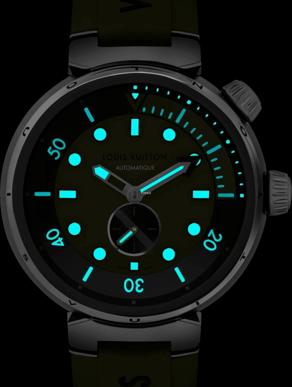 LOUIS VUITTON,Tambour Street Diver 44mm,44mm,Stainless Steel,Khaki Green,Green,Black,Automatic,Sapphire,Crystal Glass,Round,QA173A