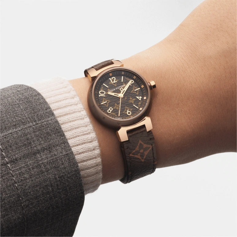 LOUIS VUITTON,Other 28mm,28mm,Stainless Steel,Rose Gold,Coffee,Brown,Quartz,Sapphire,Crystal Glass,Round,QBB165