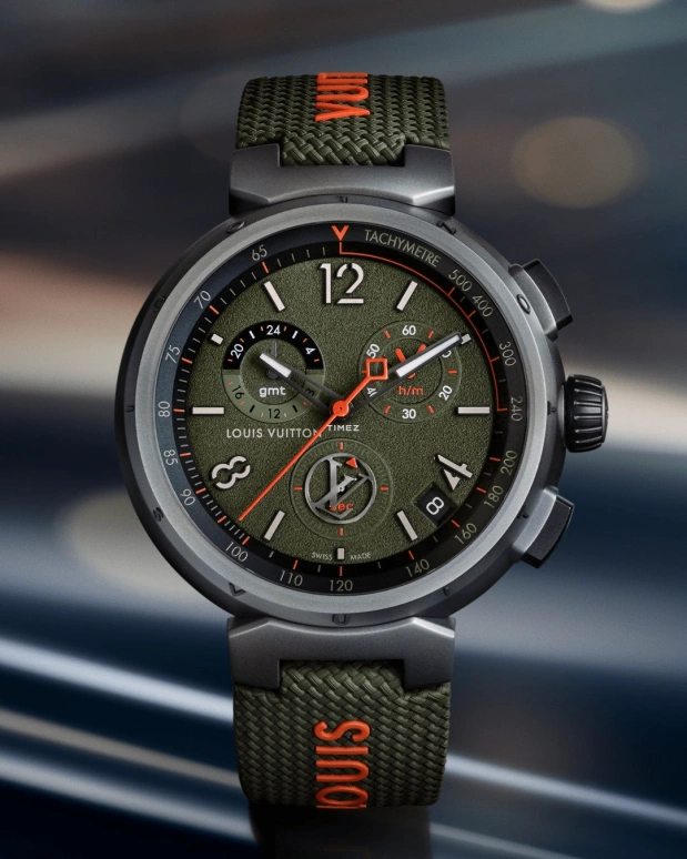 LOUIS VUITTON,Tambour 44mm,44mm,Stainless Steel,Green,Quartz,Chronograph,Day,Dule Time,GMT,Crystal Glass,Round,QBB195