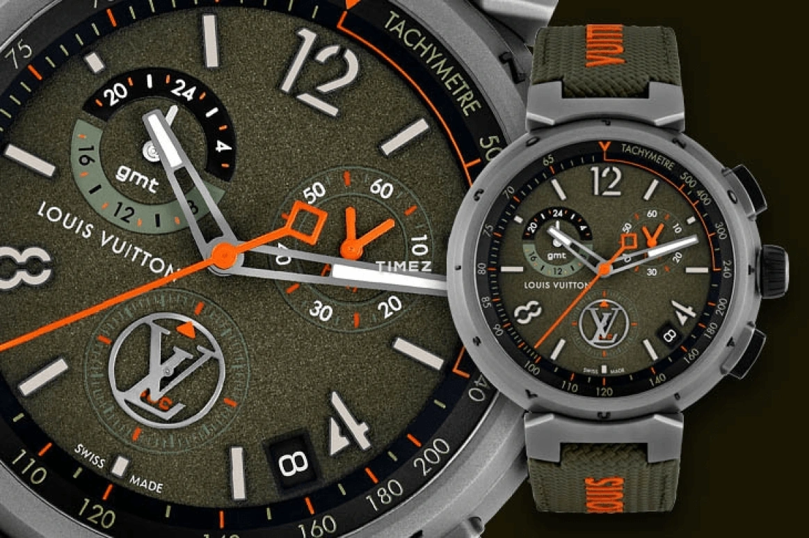 LOUIS VUITTON,Tambour 44mm,44mm,Stainless Steel,Green,Quartz,Chronograph,Day,Dule Time,GMT,Crystal Glass,Round,QBB195