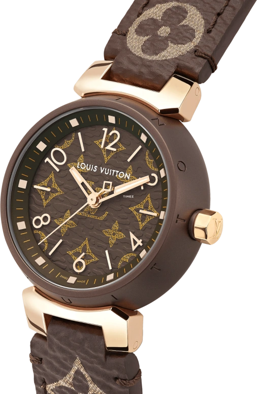 LOUIS VUITTON,Other 28mm,28mm,Stainless Steel,Rose Gold,Coffee,Brown,Quartz,Sapphire,Crystal Glass,Round,QBB165