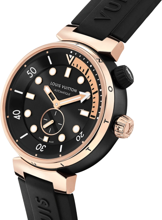 LOUIS VUITTON,Tambour Street Diver 44mm,44mm,Stainless Steel,Rose Gold,Black,Automatic,Sapphire,Crystal Glass,Round,QA123A