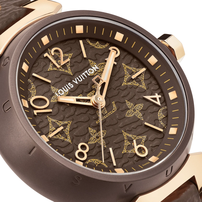 LOUIS VUITTON,Other 28mm,28mm,Stainless Steel,Rose Gold,Coffee,Brown,Quartz,Sapphire,Crystal Glass,Round,QBB165