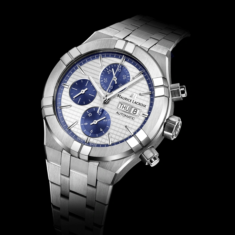 Maurice Lacroix,Aikon 44mm,44mm,Stainless Steel,Silver,Blue,Automatic,Chronograph,Day,AI6038,AI6038-SS002-131-1