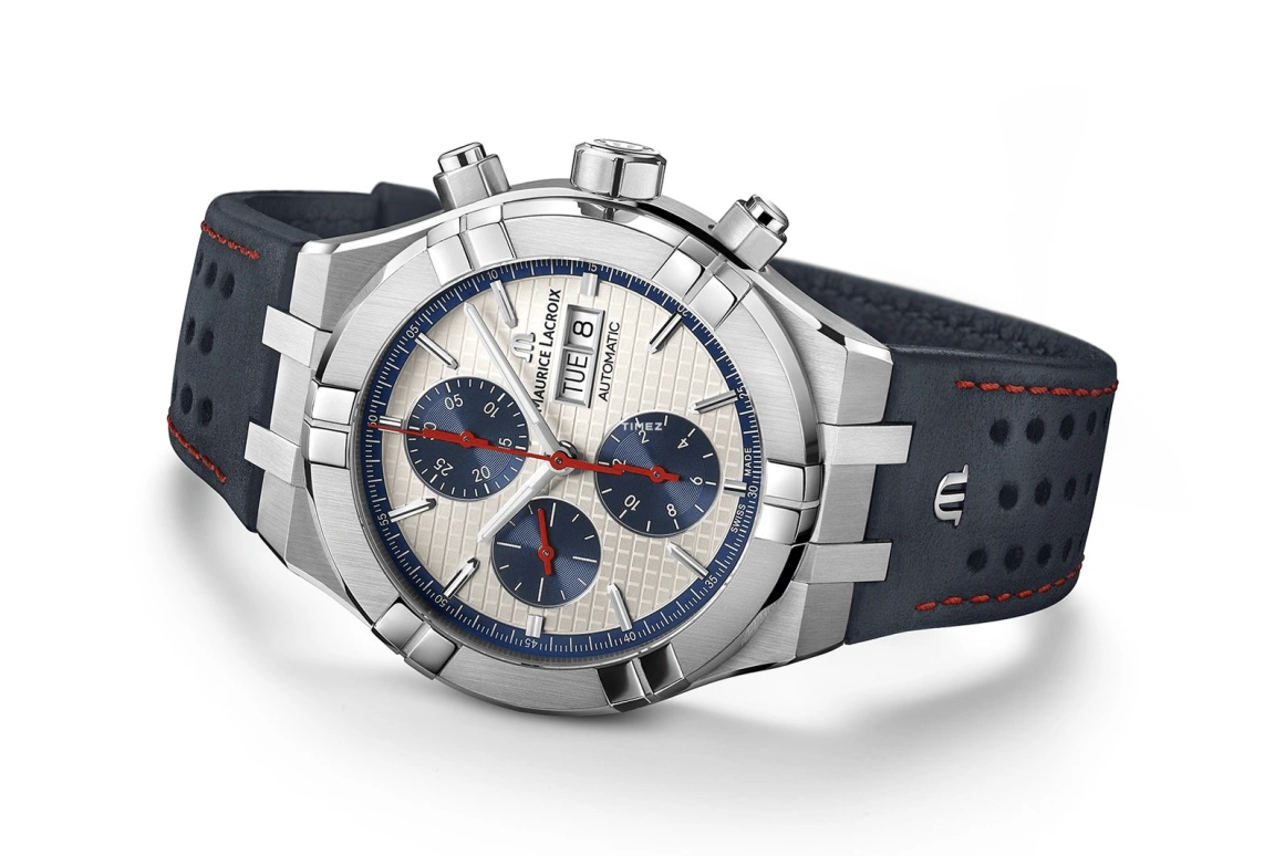 Maurice Lacroix,Aikon 44mm,44mm,Stainless Steel,White,Blue,Red,Automatic,Chronograph,Date,Day,AI6038,AI6038-SS001-133-4