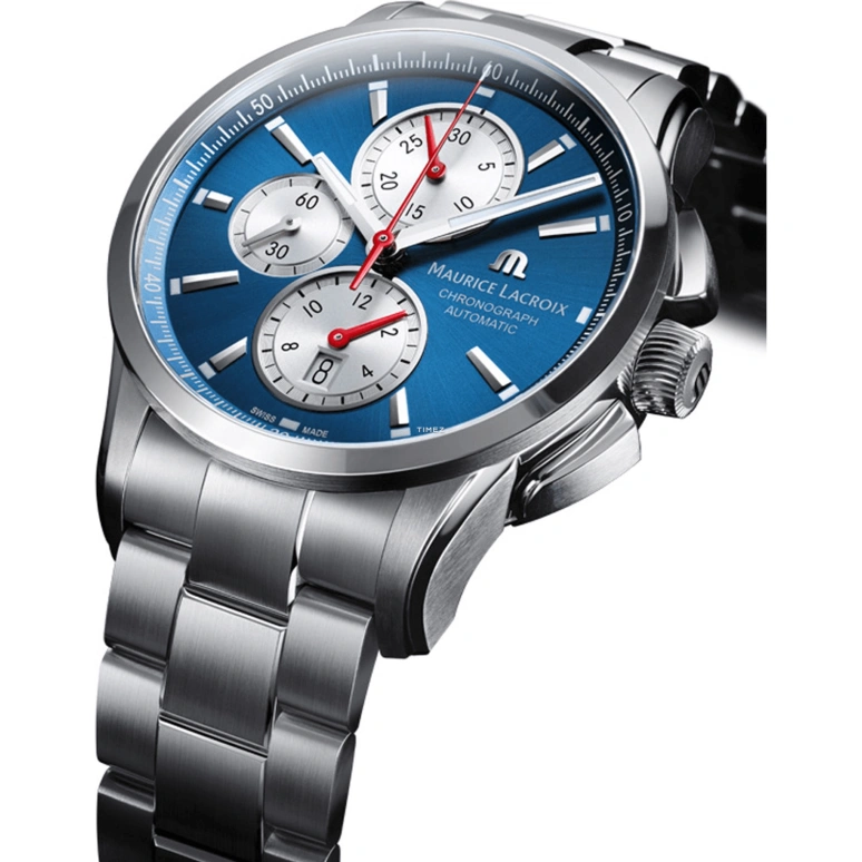 Maurice Lacroix,Pontos 43mm,43mm,Stainless Steel,Blue,Silver,Automatic,Chronograph,Day,PT6388,PT6388-SS002-430-1