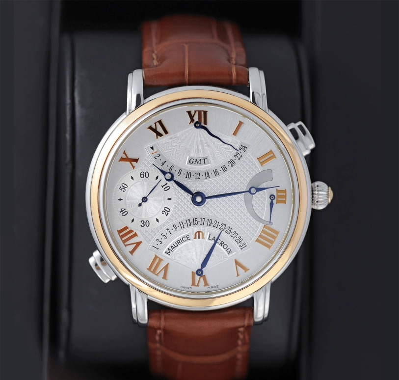 Maurice Lacroix,Masterpiece 43.50mm,43.50mm,Stainless Steel,Silver White,Handwound,Day,Power Reserve Indicator,Dule Time,Flyback,48hours,In-house Caliber,MP7018,MP7018-PS101-110