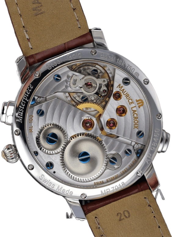 Maurice Lacroix,Masterpiece 43.50mm,43.50mm,Stainless Steel,Silver White,Handwound,Day,Power Reserve Indicator,Dule Time,Flyback,48hours,In-house Caliber,MP7018,MP7018-PS101-110