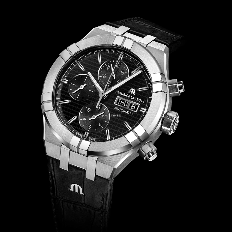 Maurice Lacroix,Aikon 44mm,44mm,Stainless Steel,Black,Automatic,Chronograph,Date,Day,AI6038,AI6038-SS001-330-1