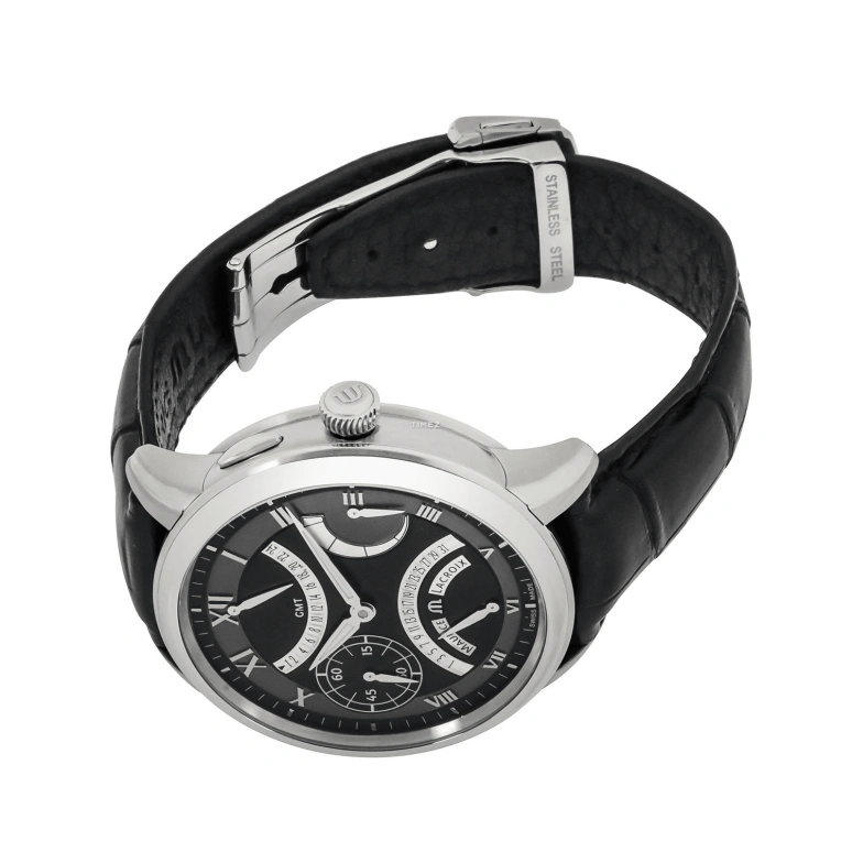 Maurice Lacroix,Masterpiece 43mm,43mm,Stainless Steel,Black,Handwound,Day,Power Reserve Indicator,Dule Time,Retrograde,44hours,In-house Caliber,MP7218,MP7218-SS001-310