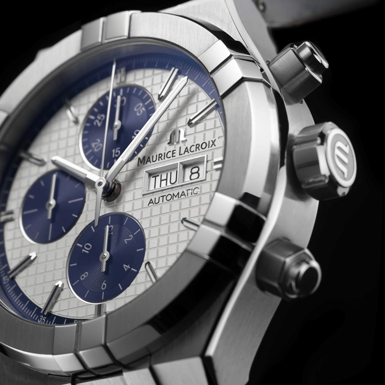 Maurice Lacroix,Aikon 44mm,44mm,Stainless Steel,Silver,Blue,Automatic,Chronograph,Day,AI6038,AI6038-SS002-131-1