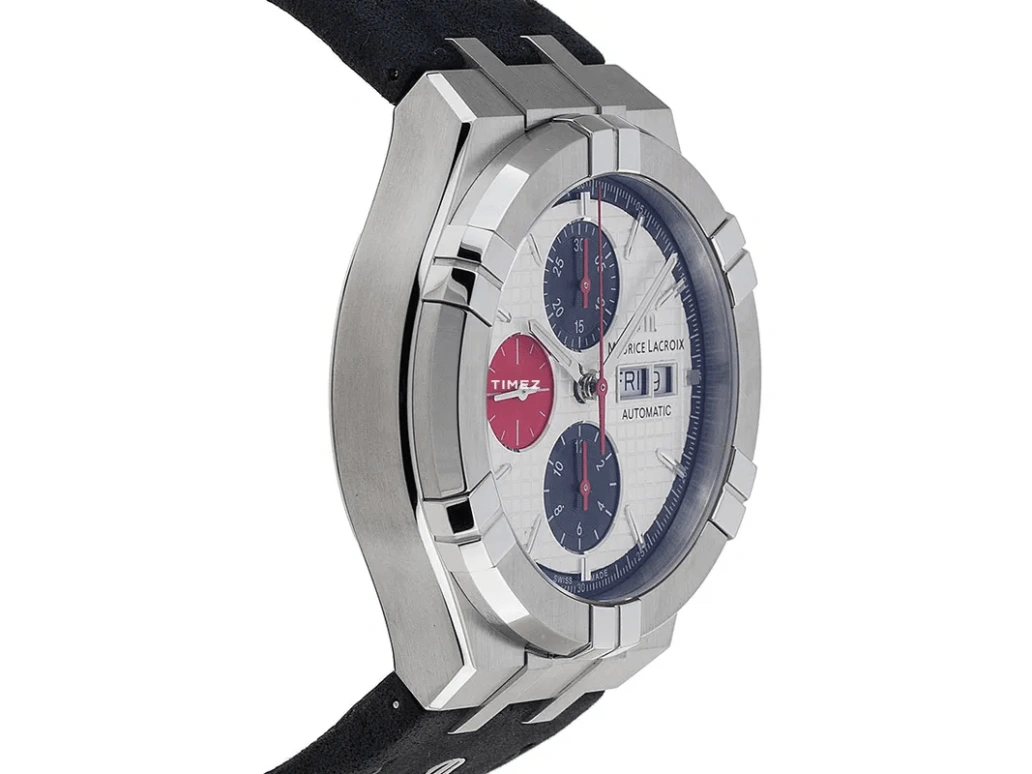 Maurice Lacroix,Aikon 44mm,44mm,Stainless Steel,White,Blue,Red,Automatic,Chronograph,Date,Day,AI6038,AI6038-SS001-133-4