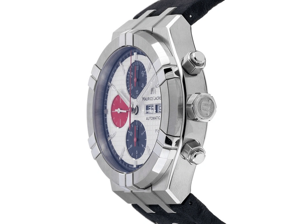 Maurice Lacroix,Aikon 44mm,44mm,Stainless Steel,White,Blue,Red,Automatic,Chronograph,Date,Day,AI6038,AI6038-SS001-133-4