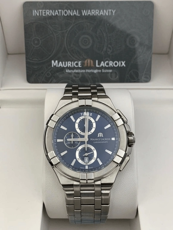 Maurice Lacroix,Aikon Quartz 44mm,44mm,Stainless Steel,Luminous,Blue,Quartz,Chronograph,Day,AI1018,AI1018-SS002-430-1