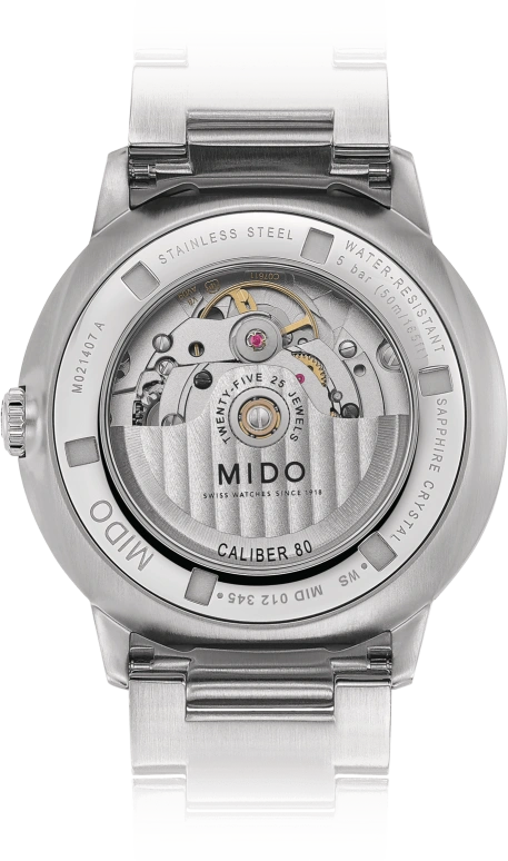 Mido,Commander 40mm,40mm,Stainless Steel,See-through,Automatic,Date,Anti-magnetic,M021,M021.407.11.411.00