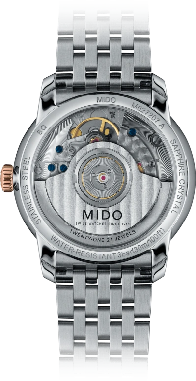 Mido,Baroncelli 33mm,33mm,Stainless Steel,Rose Gold,White,Automatic,42hours,In-house Caliber,M027,M027.207.22.010.00