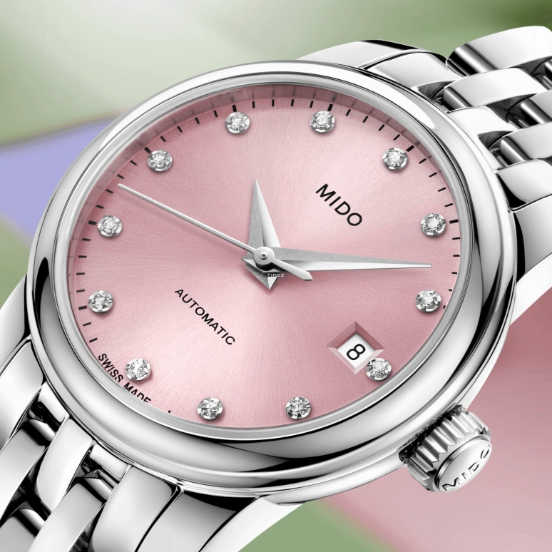 Mido,Baroncelli 25mm,25mm,Stainless Steel,Pink,Automatic,Day,Sapphire,Crystal Glass,M039,M039.007.11.336.00