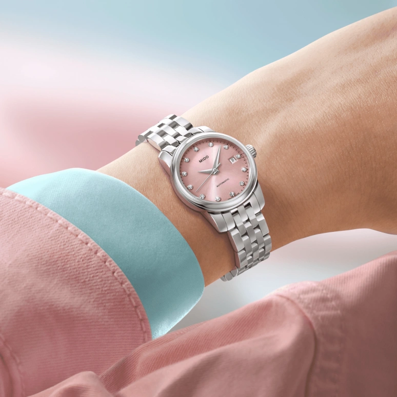 Mido,Baroncelli 25mm,25mm,Stainless Steel,Pink,Automatic,Day,Sapphire,Crystal Glass,M039,M039.007.11.336.00