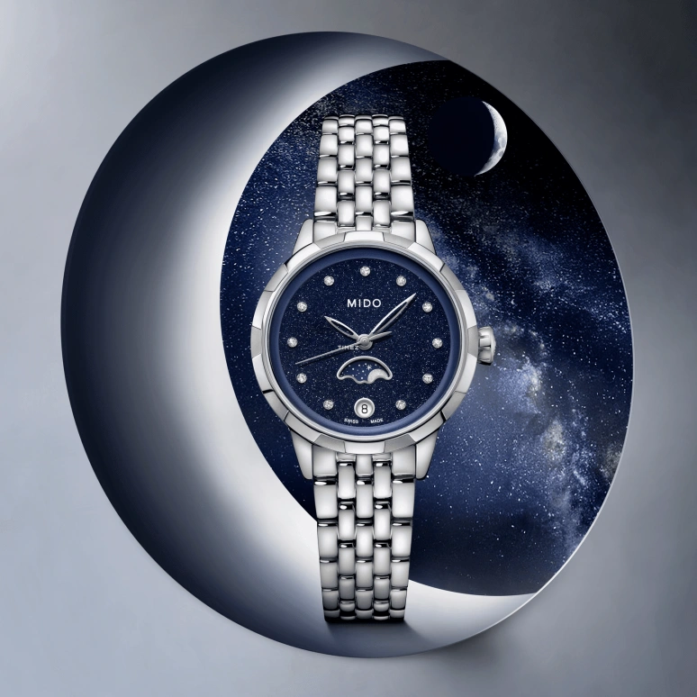 Mido,Rainflower 31mm,31mm,Stainless Steel,Blue,Quartz,Moonphase,Day,M043,M043.023.11.496.00