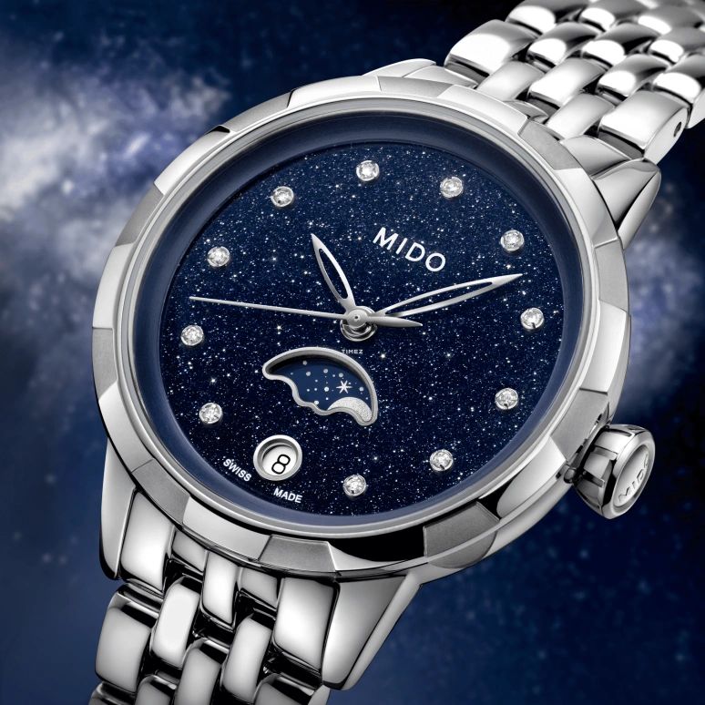 Mido,Rainflower 31mm,31mm,Stainless Steel,Blue,Quartz,Moonphase,Day,M043,M043.023.11.496.00