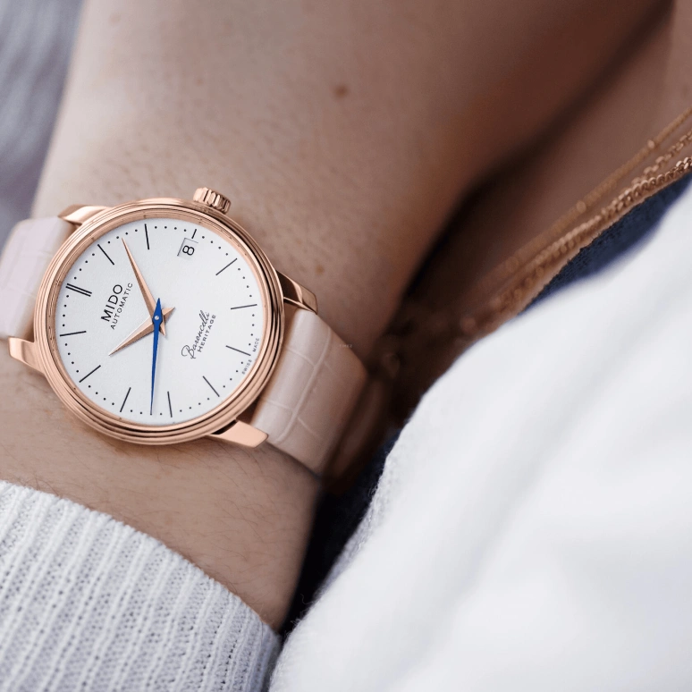 Mido,Baroncelli 33mm,33mm,Stainless Steel,Rose Gold,White,Automatic,42hours,In-house Caliber,M027,M027.207.36.010.00