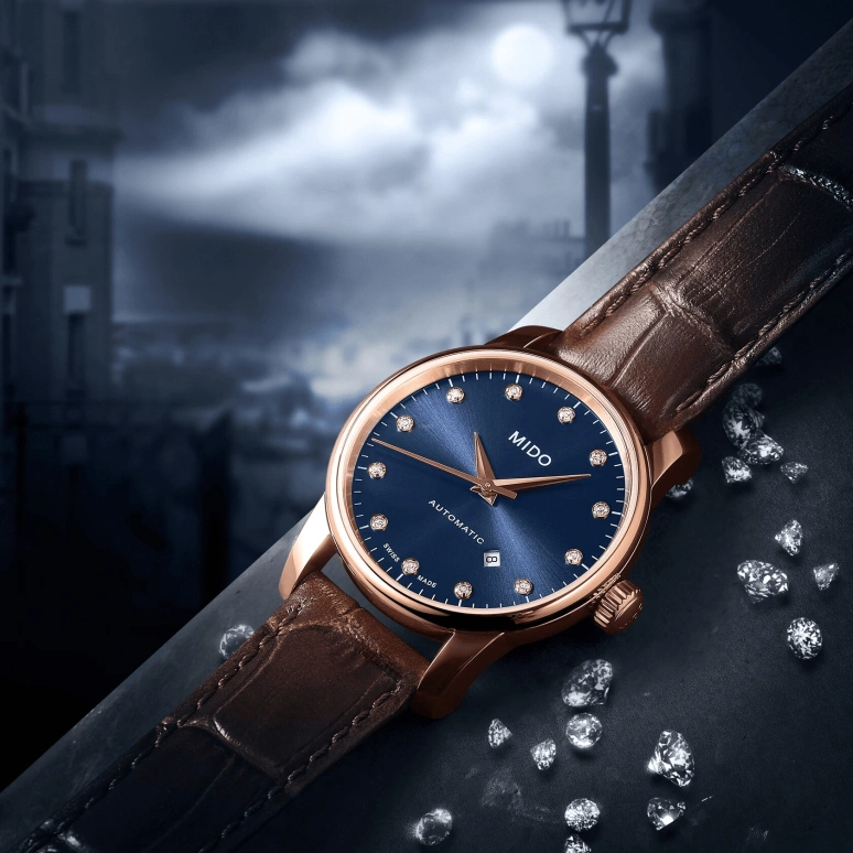 Mido,Baroncelli 29mm,29mm,Stainless Steel,Rose Gold,Blue,Automatic,38hours,Sapphire,M7600,M7600.3.65.8