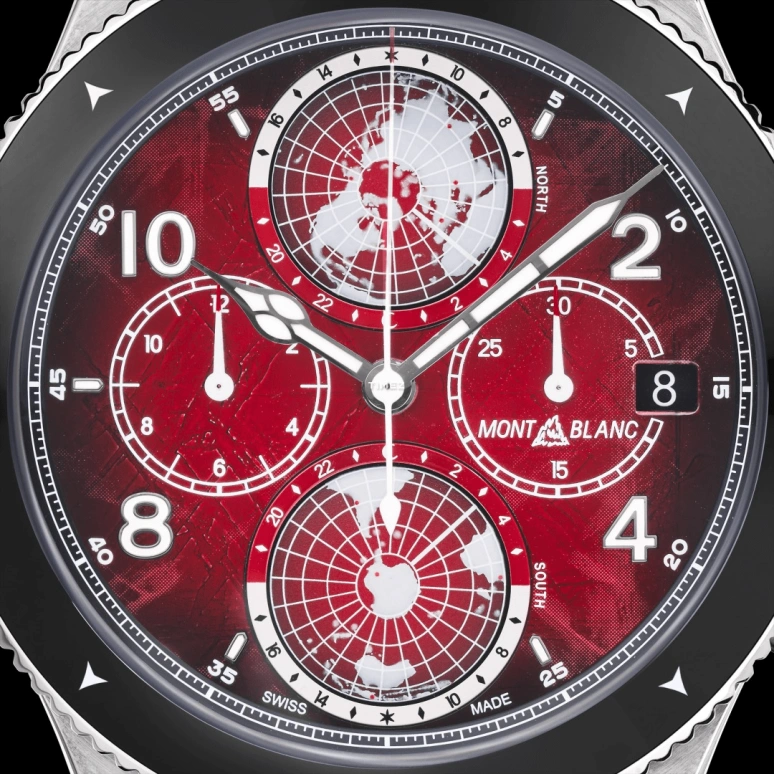 Montblanc,1858 44mm,44mm,Stainless Steel,Red,Automatic,Chronograph,Day,World Time,Day / Night Indication,Sapphire,Crystal Glass,Round,MB132303