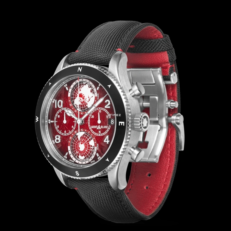 Montblanc,1858 44mm,44mm,Stainless Steel,Red,Automatic,Chronograph,Day,World Time,Day / Night Indication,Sapphire,Crystal Glass,Round,MB132303