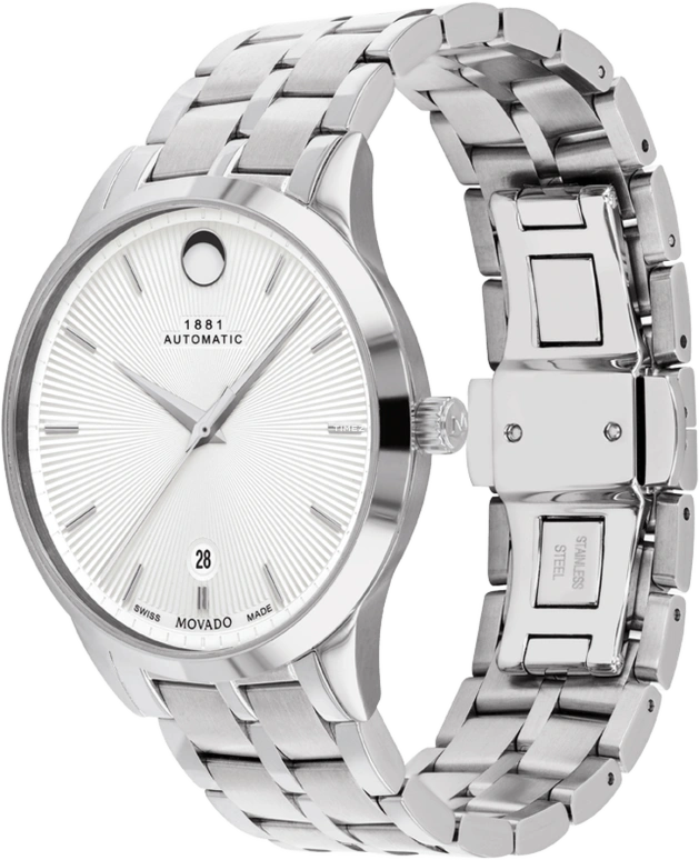 Movado,1881 Automatic 39mm,39mm,Stainless Steel,Silver White,Automatic,Day,Sapphire,Crystal Glass,0607619