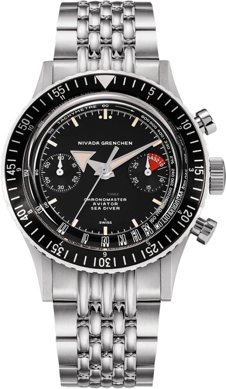 Nivada Grenchen,Chronomaster Aviator Sea Diver 38.30mm,38.30mm,Stainless Steel,Black,Handwound,Chronograph,63hours,86007M,86007M-BRAC