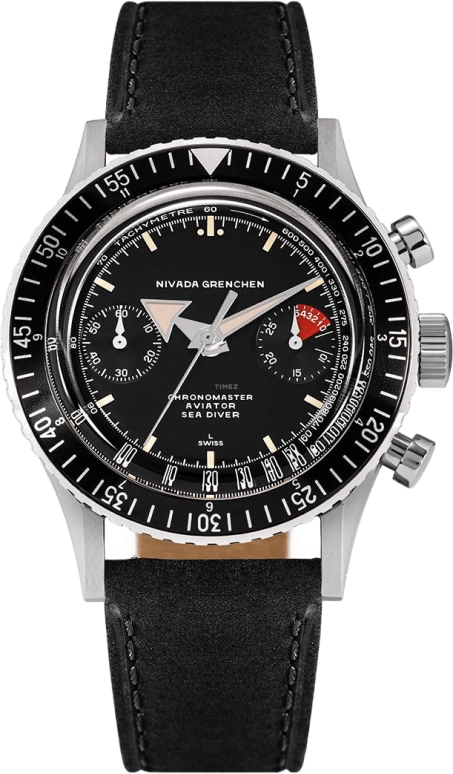 Nivada Grenchen,Chronomaster Aviator Sea Diver 38.30mm,38.30mm,Stainless Steel,Black,Handwound,Chronograph,63hours,86007M,86007M-BLAL