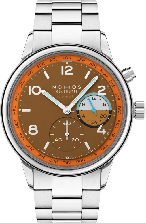 Nomos Glashütte,Club 40mm,40mm,Stainless Steel,Brown,Automatic,World Time,Day / Night Indication,790,790.S3