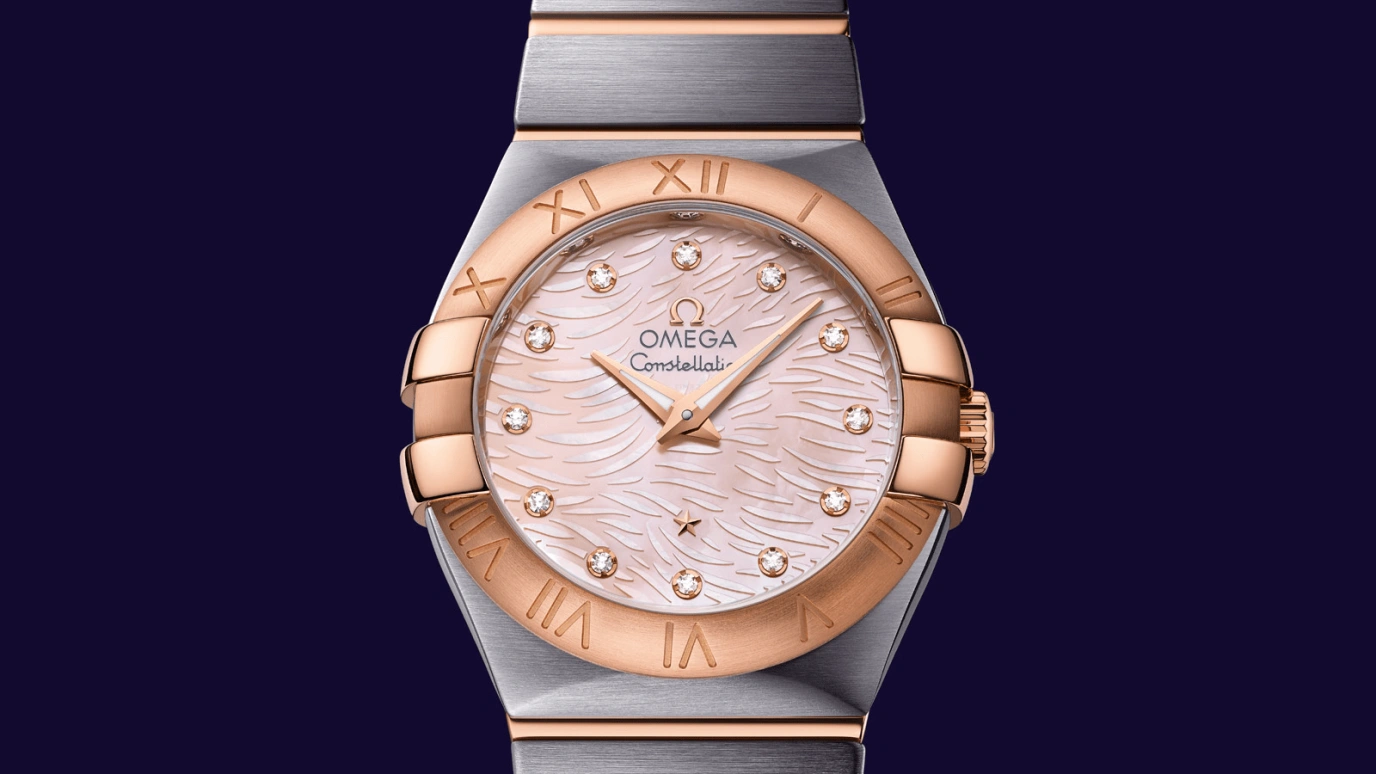 Omega,Constellation 27mm,27mm,Red Gold,Stainless Steel,Pink,Quartz,30000hours,In-house Caliber,123,123.20.27.60.57.004